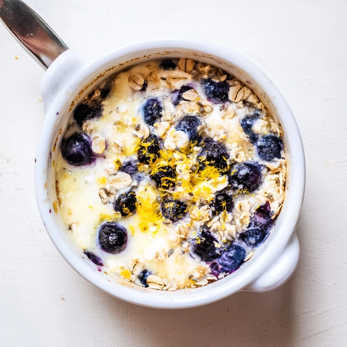 Freshly baked Baked Blueberry Cottage Cheese Breakfast Bowls served warm in white ramekins with a side of toasted almonds.