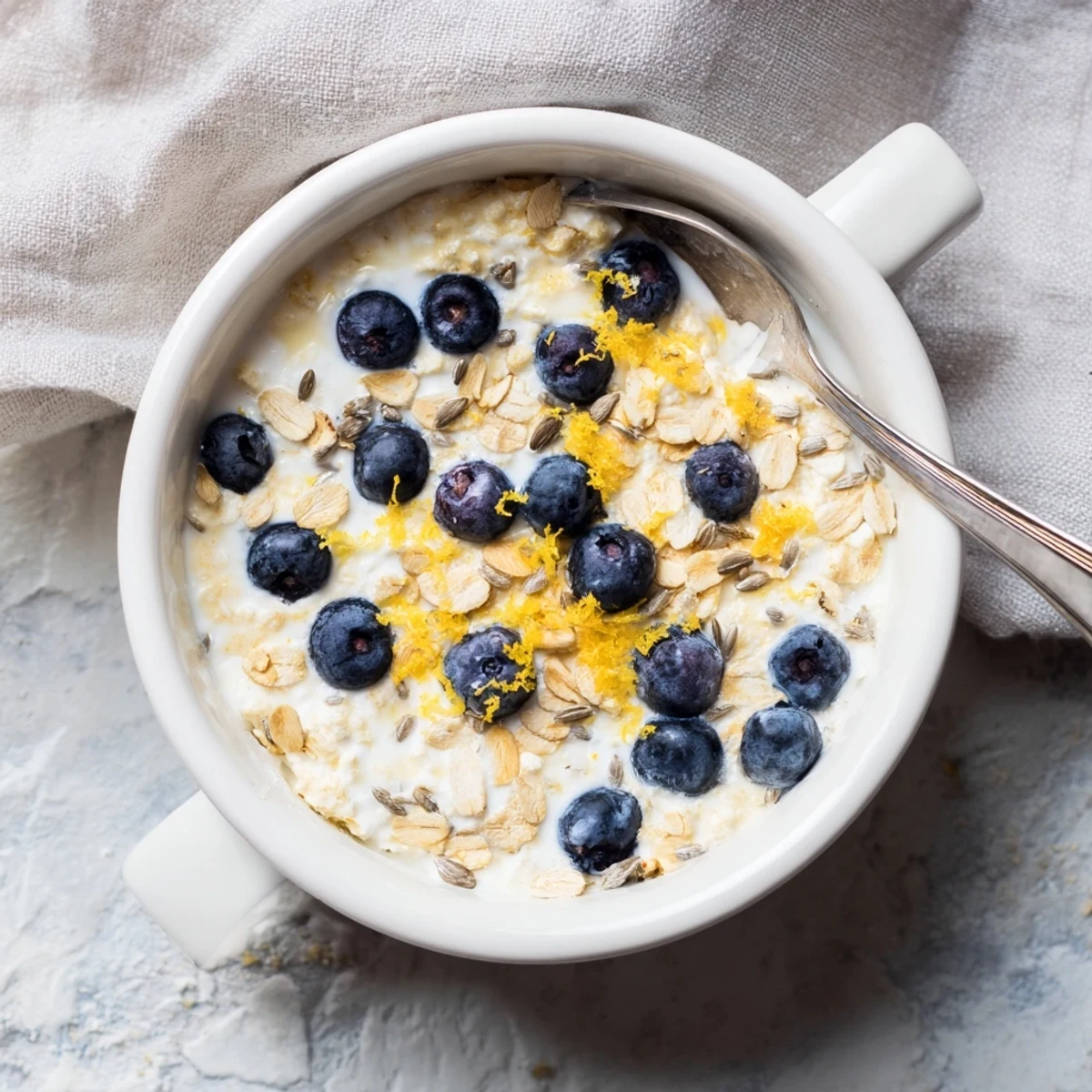 A healthy serving of Baked Blueberry Cottage Cheese Breakfast Bowls, highlighting the creamy texture and vibrant blueberry color.