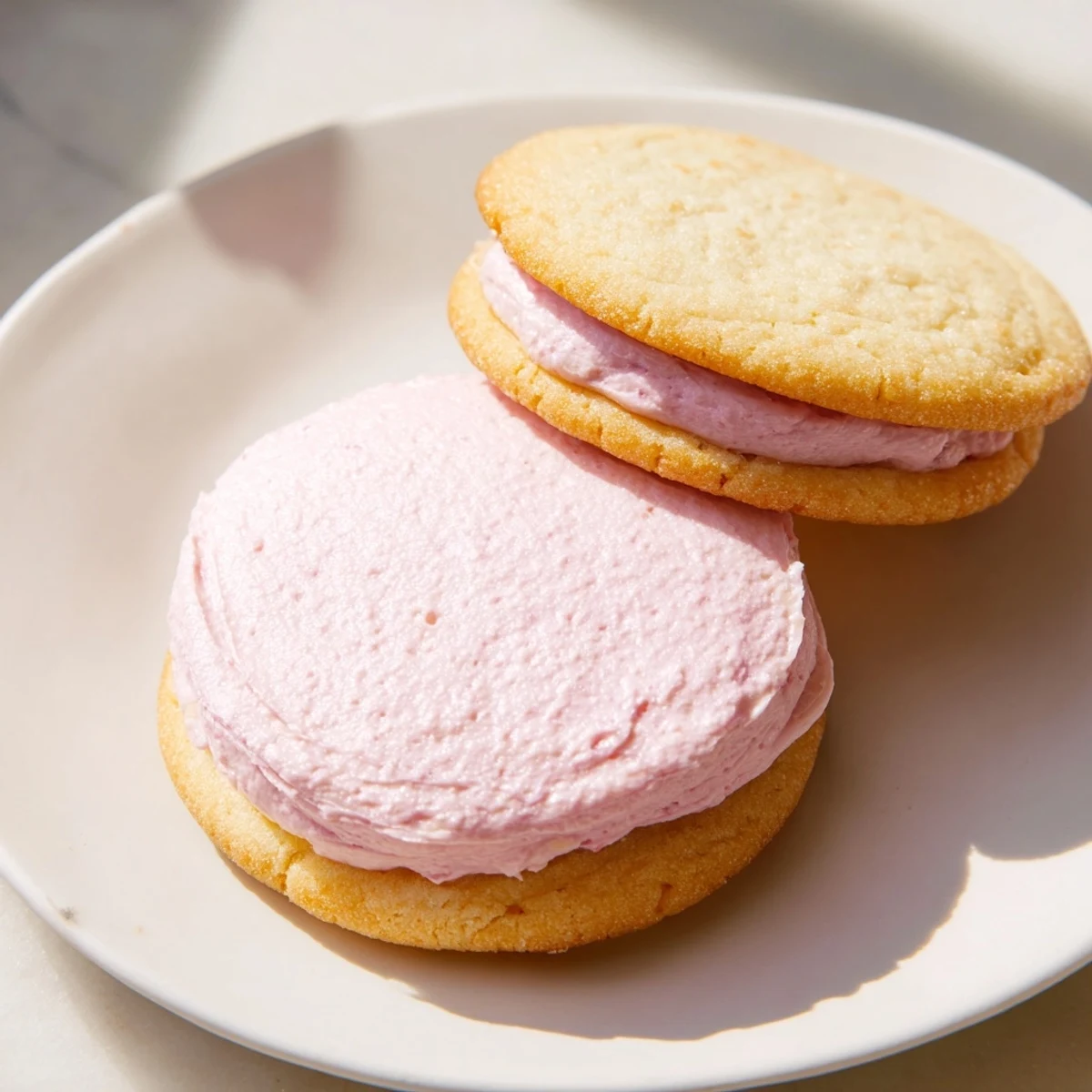 Soft pastel sugar cookie sandwiches on a marble surface with delicate crumbs scattered around.