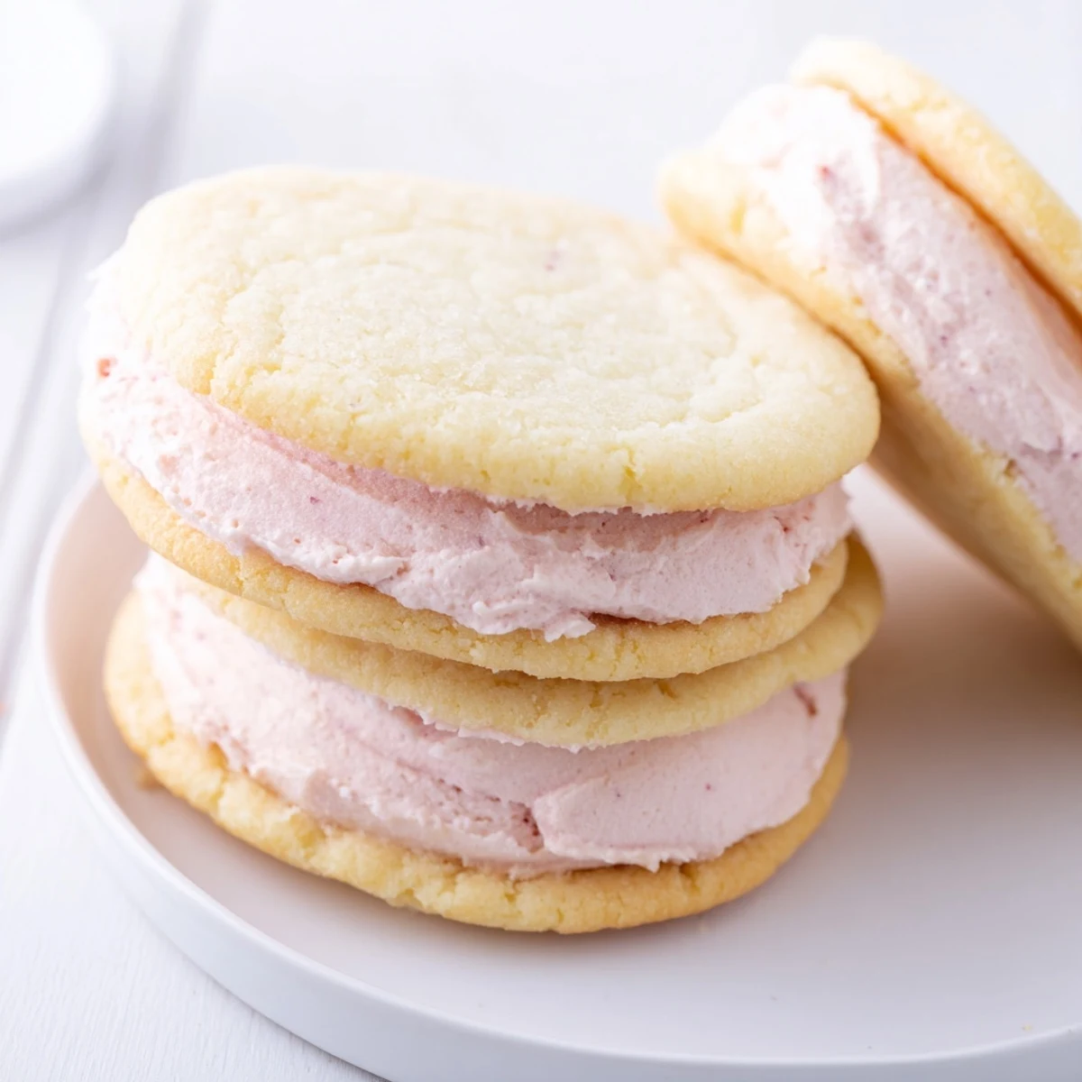 Close-up of pastel sugar cookie sandwiches revealing layered buttercream and smooth cookie texture.