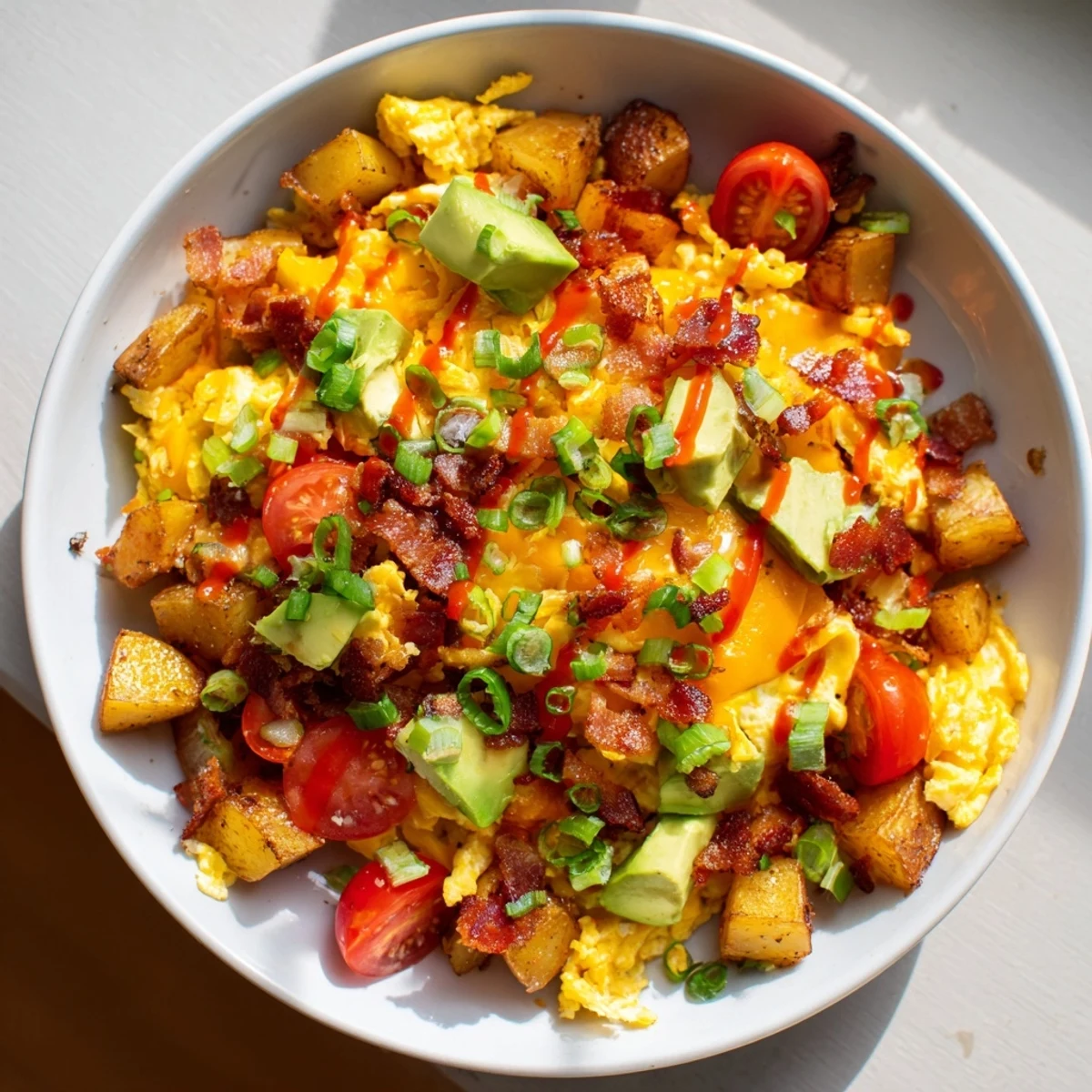 A close-up of a Loaded Breakfast Bowl filled with crispy potatoes, scrambled eggs, bacon, melted cheddar, avocado, and tomatoes.