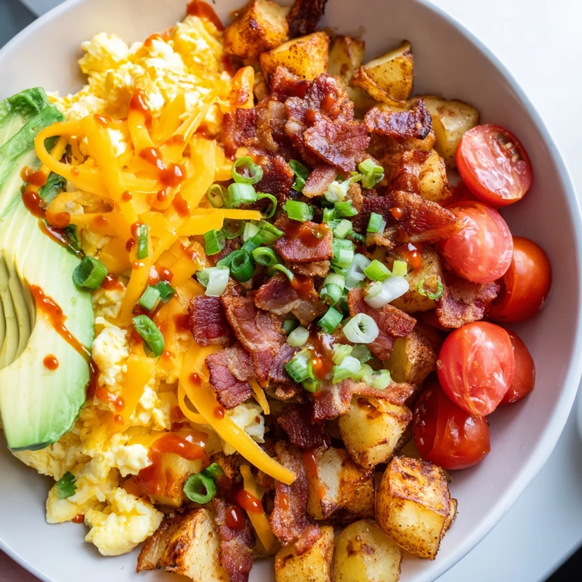 The Loaded Breakfast Bowl features golden roasted potatoes topped with eggs, bacon, cheese, avocado, and green onions on a rustic table.