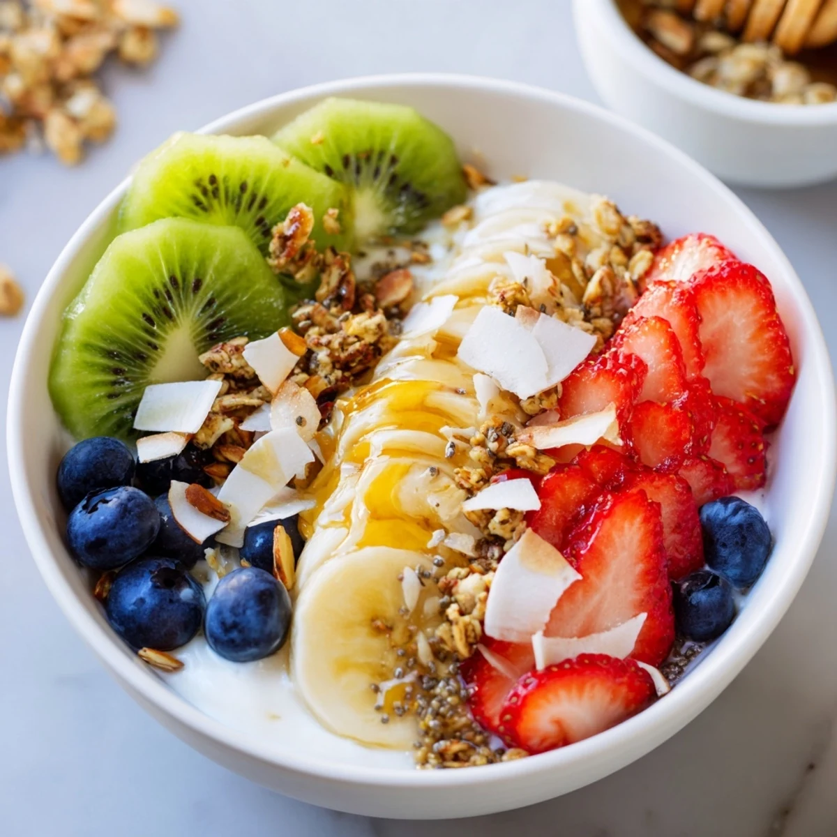 A vibrant Healthy Breakfast Bowl filled with creamy Greek yogurt, fresh berries, sliced banana, and crunchy granola topped with honey and nuts.