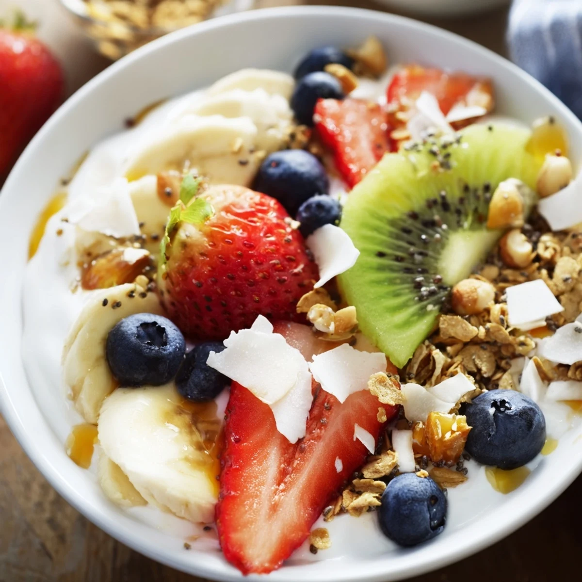 Healthy Breakfast Bowl served in a white bowl with layers of blueberries, strawberries, kiwi, and a drizzle of honey for sweetness.
