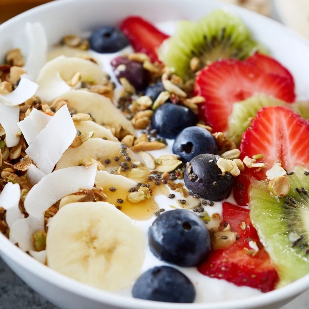 Close-up view of a Healthy Breakfast Bowl featuring chia seeds, chopped almonds, shredded coconut, and juicy fruit, ready to enjoy for breakfast.