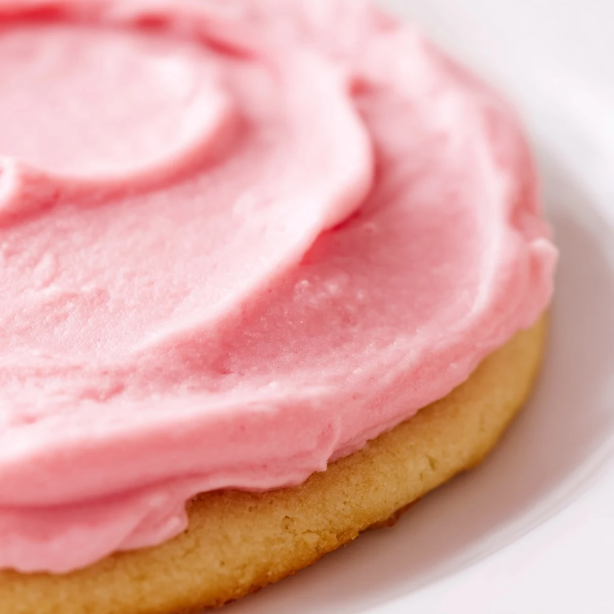 A close-up of a Crumbl Pink Sugar Cookie, showing a thick, soft base topped with glossy pink almond frosting.