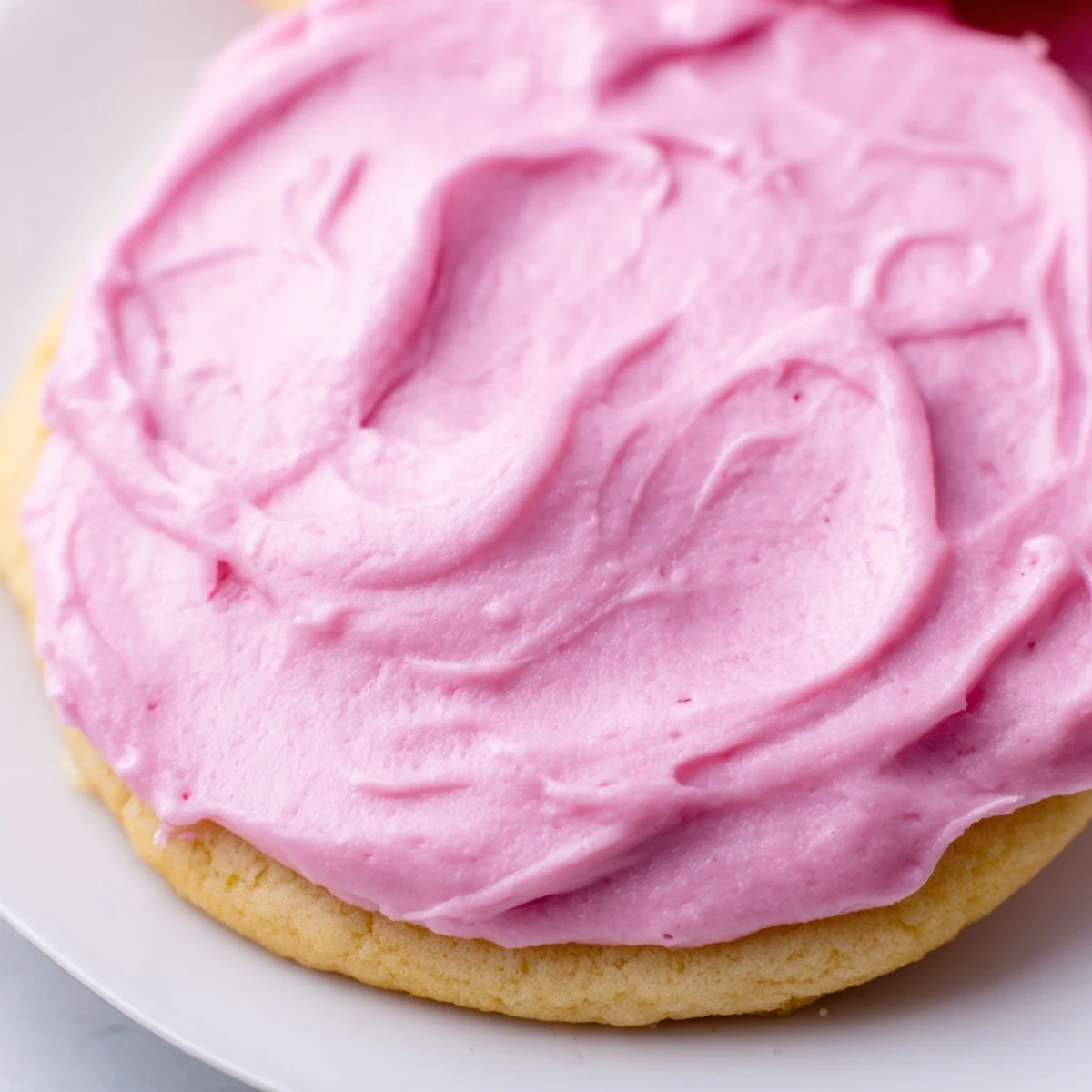 A single Crumbl Pink Sugar Cookie on a dessert plate, ready to serve with a glass of cold milk.