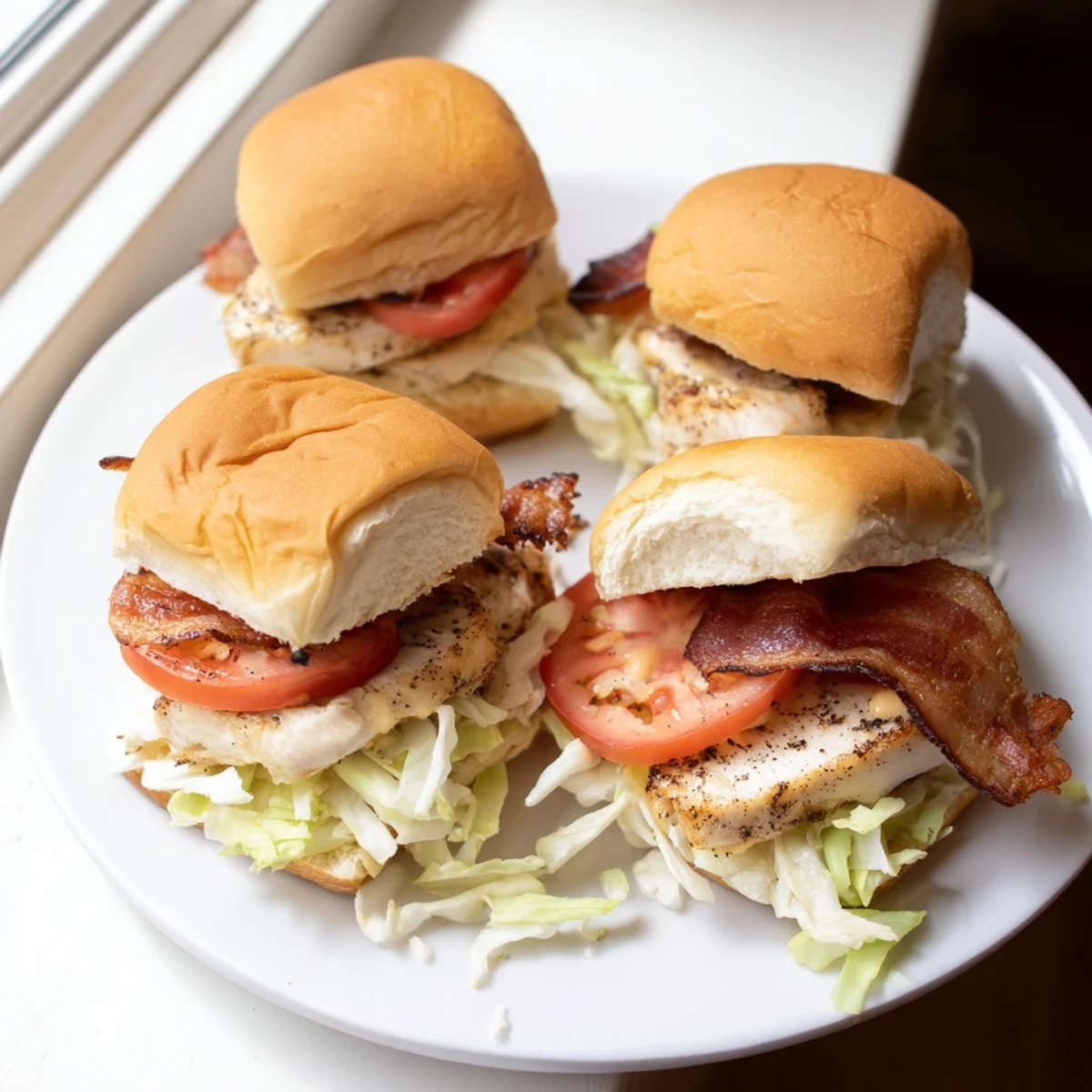 Golden-brown toasted slider buns hold juicy baked chicken, crispy bacon, fresh lettuce, and ripe tomato with honey mustard sauce.