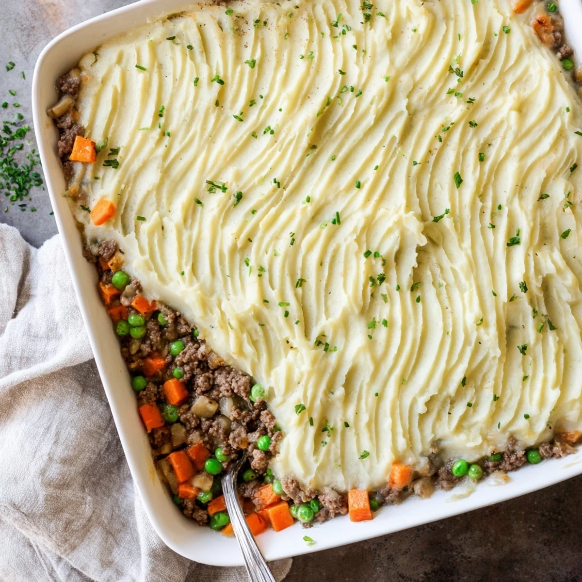 Close-up of Shepherd's Pie with Creamy Garlic Mashed Potatoes revealing savory meat filling and fluffy garlic potato topping.