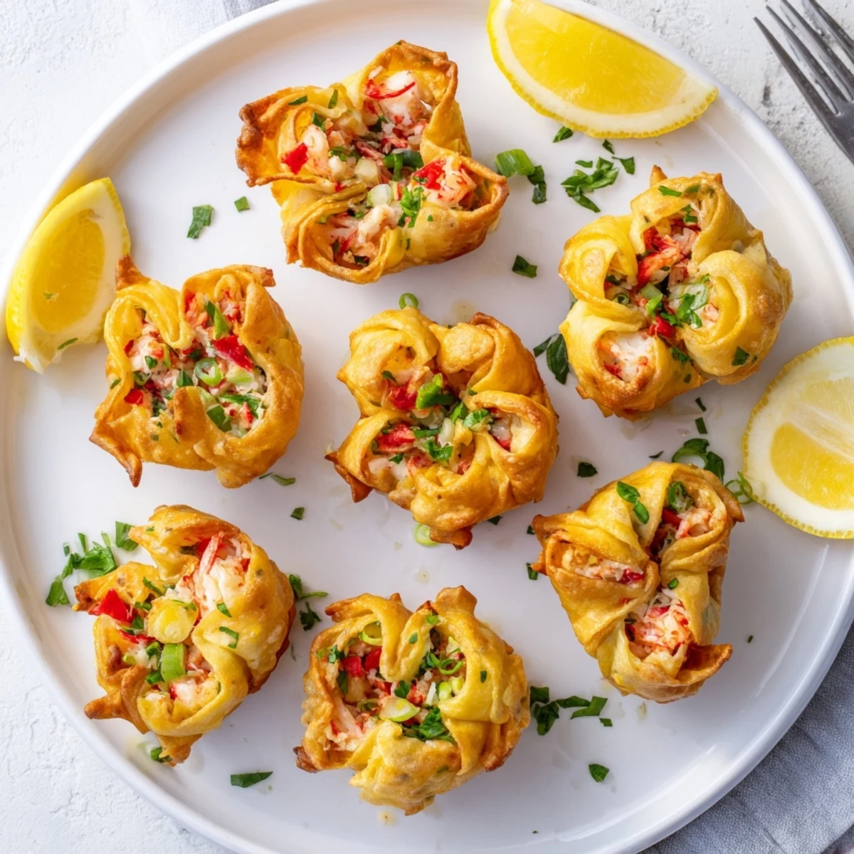 Golden, crispy Cheesy Seafood Tortilla Bombs filled with creamy shrimp and crab, served warm with a lemon wedge.
