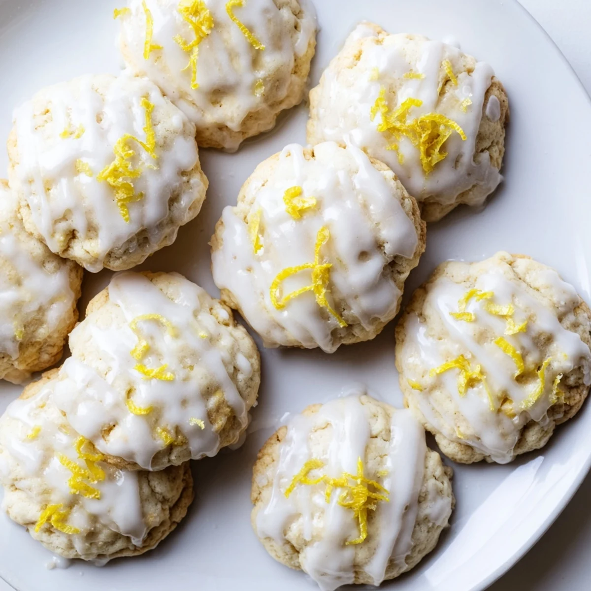 Freshly baked Limoncello Cookies with a glossy lemon glaze, sprinkled with zest on a rustic wooden table.