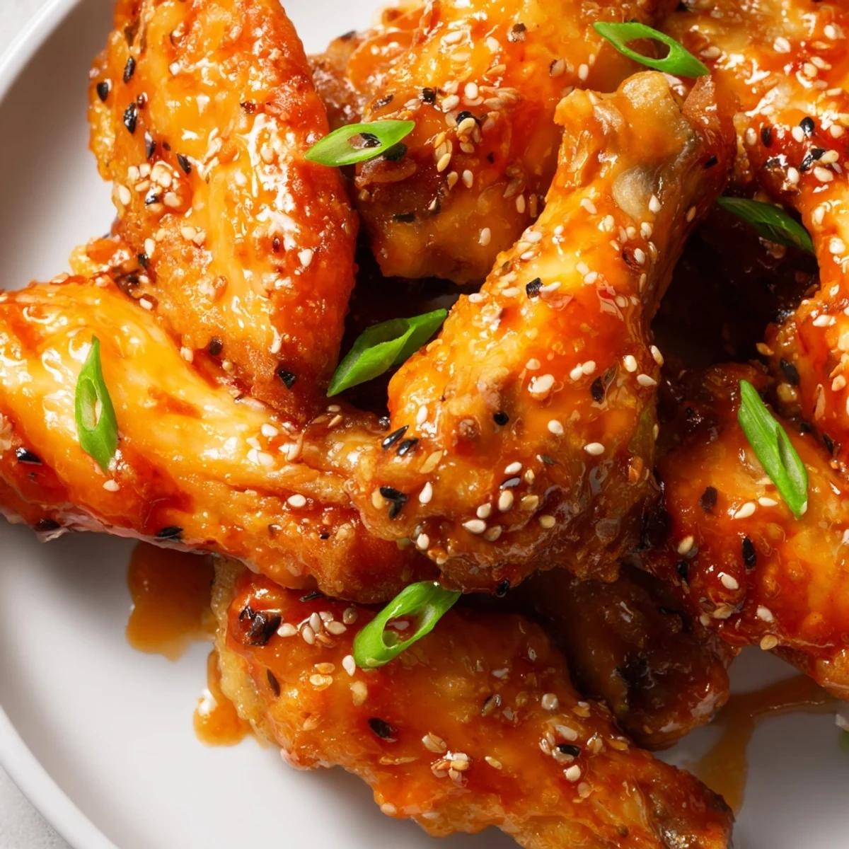 Sticky Orange Chicken Wings arranged on a platter with sesame seeds and green onions, glistening with a sweet, tangy glaze.
