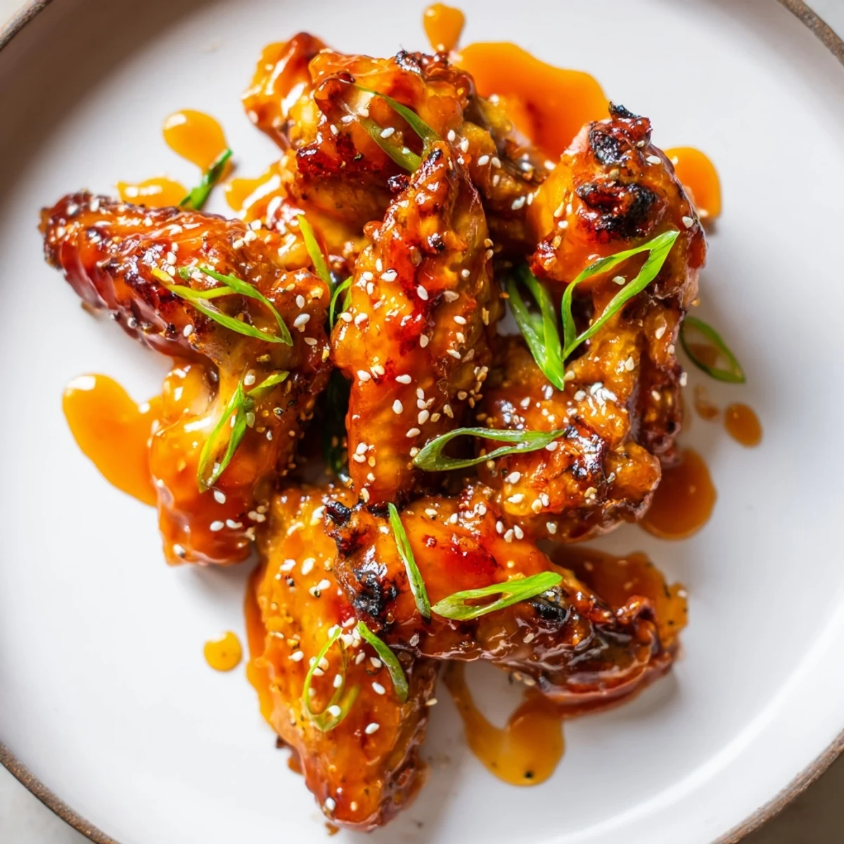Golden Sticky Orange Chicken Wings served with steamed rice and fresh scallions, ideal for a quick dinner.