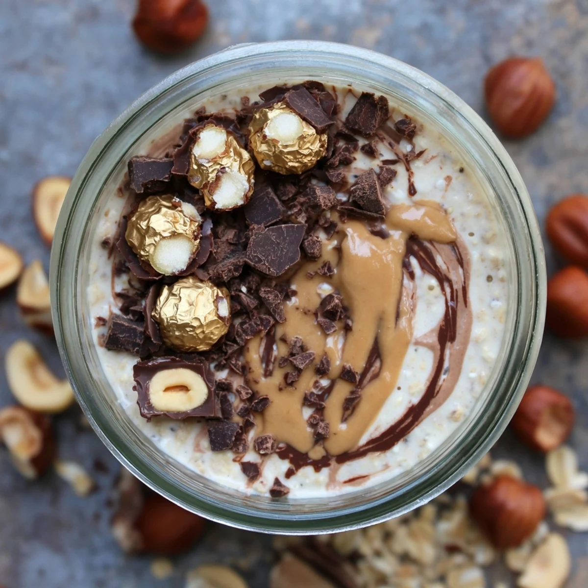 Creamy chocolate and hazelnut Ferrero Rocher Protein Overnight Oats topped with chopped nuts and dark chocolate squares.