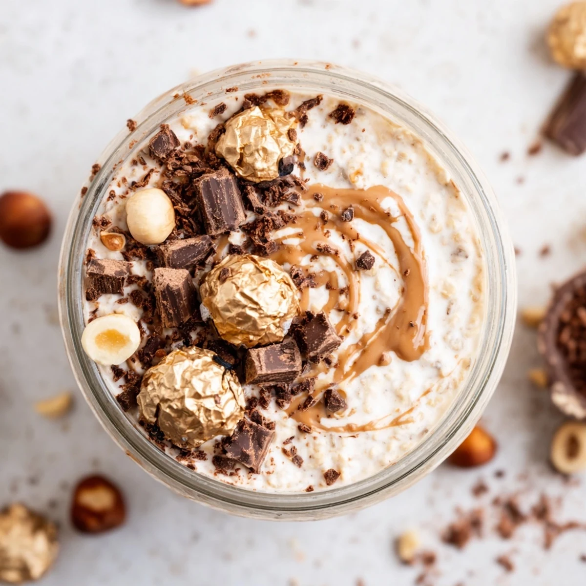 This easy Ferrero Rocher Protein Overnight Oats recipe makes a perfect chilled breakfast in a jar.