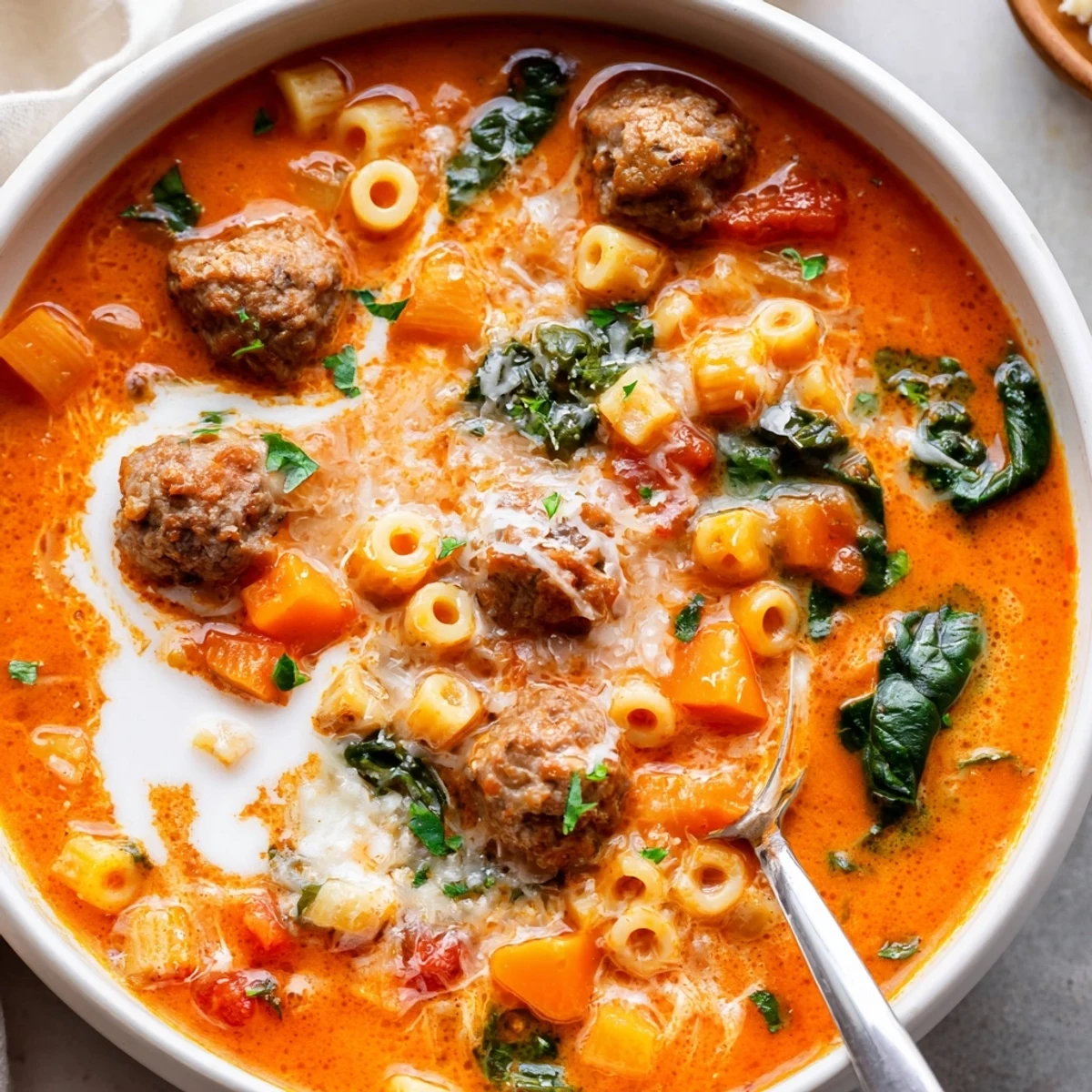 A steaming bowl of Creamy Italian Meatball Soup with tender beef meatballs and wilted spinach leaves.