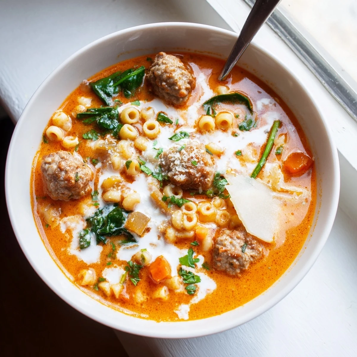 Freshly grated Parmesan cheese and basil garnish this comforting Creamy Italian Meatball Soup in a rustic bowl.