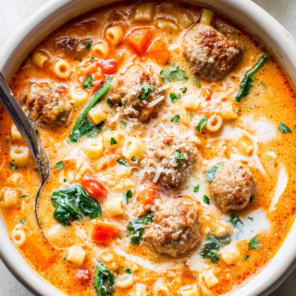 Close-up of Creamy Italian Meatball Soup, featuring al dente pasta and a creamy tomato broth.