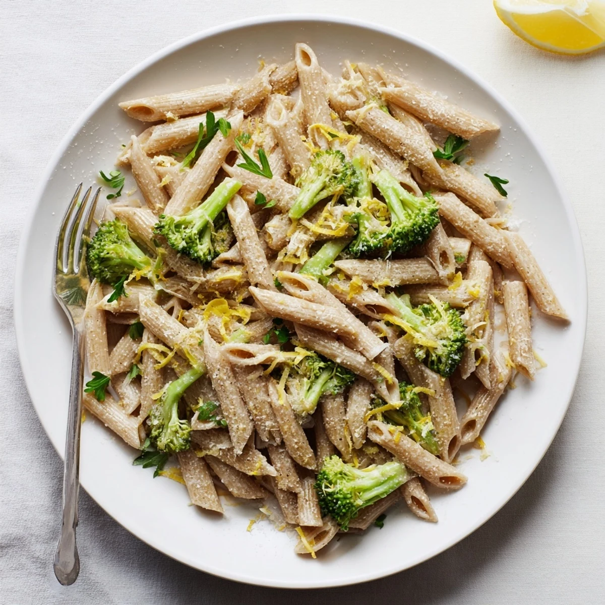 Tender broccoli florets and al dente whole wheat penne in the Easy Healthy Broccoli Pasta glisten with garlic olive oil.