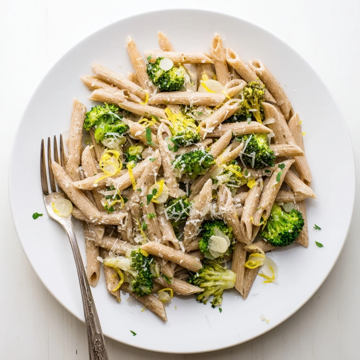 The Easy Healthy Broccoli Pasta is plated in a shallow bowl with lemon zest and fresh parsley garnish.