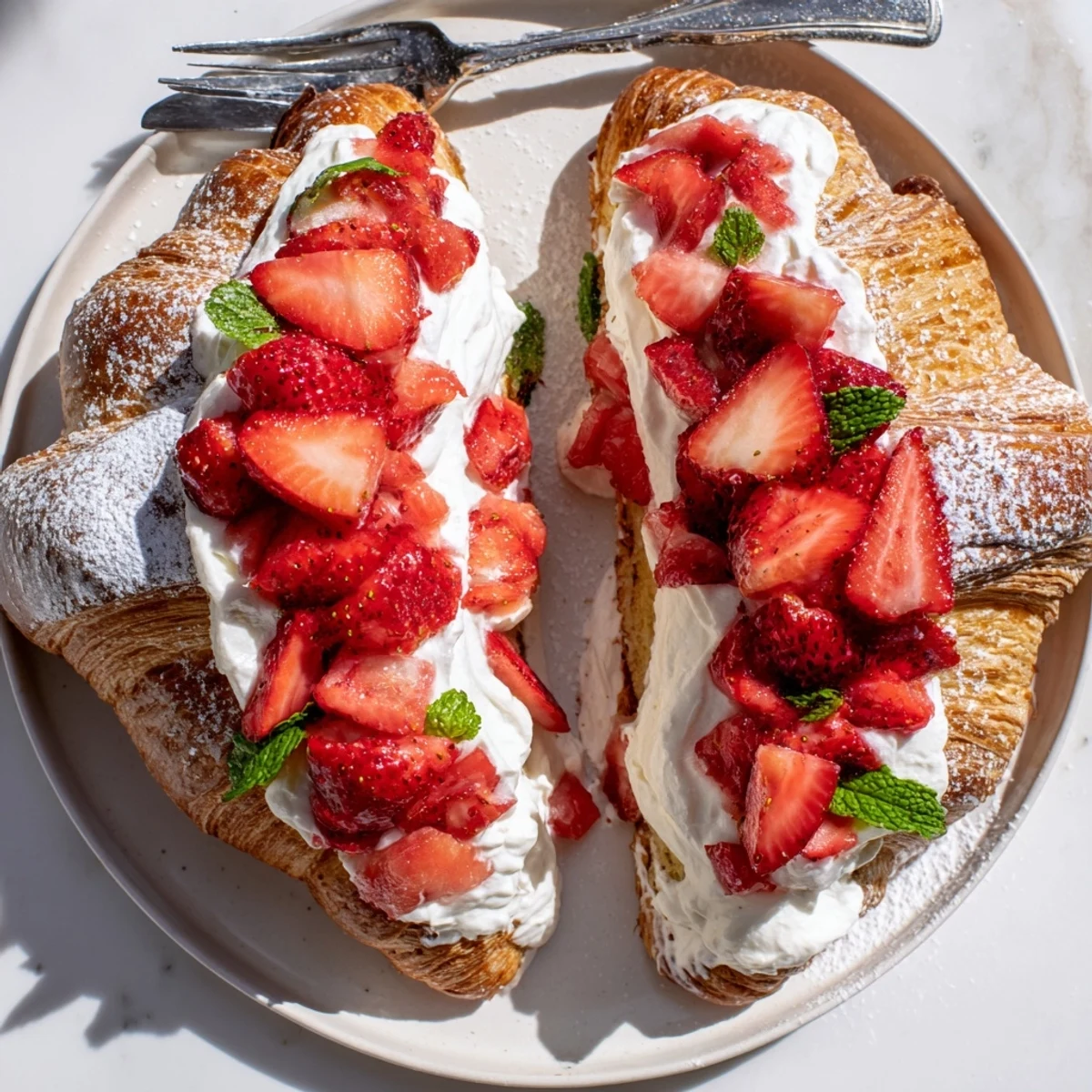Freshly assembled Strawberry Cream Croissant with fluffy vanilla cream and bright red strawberries peeking from a golden, flaky pastry.  
