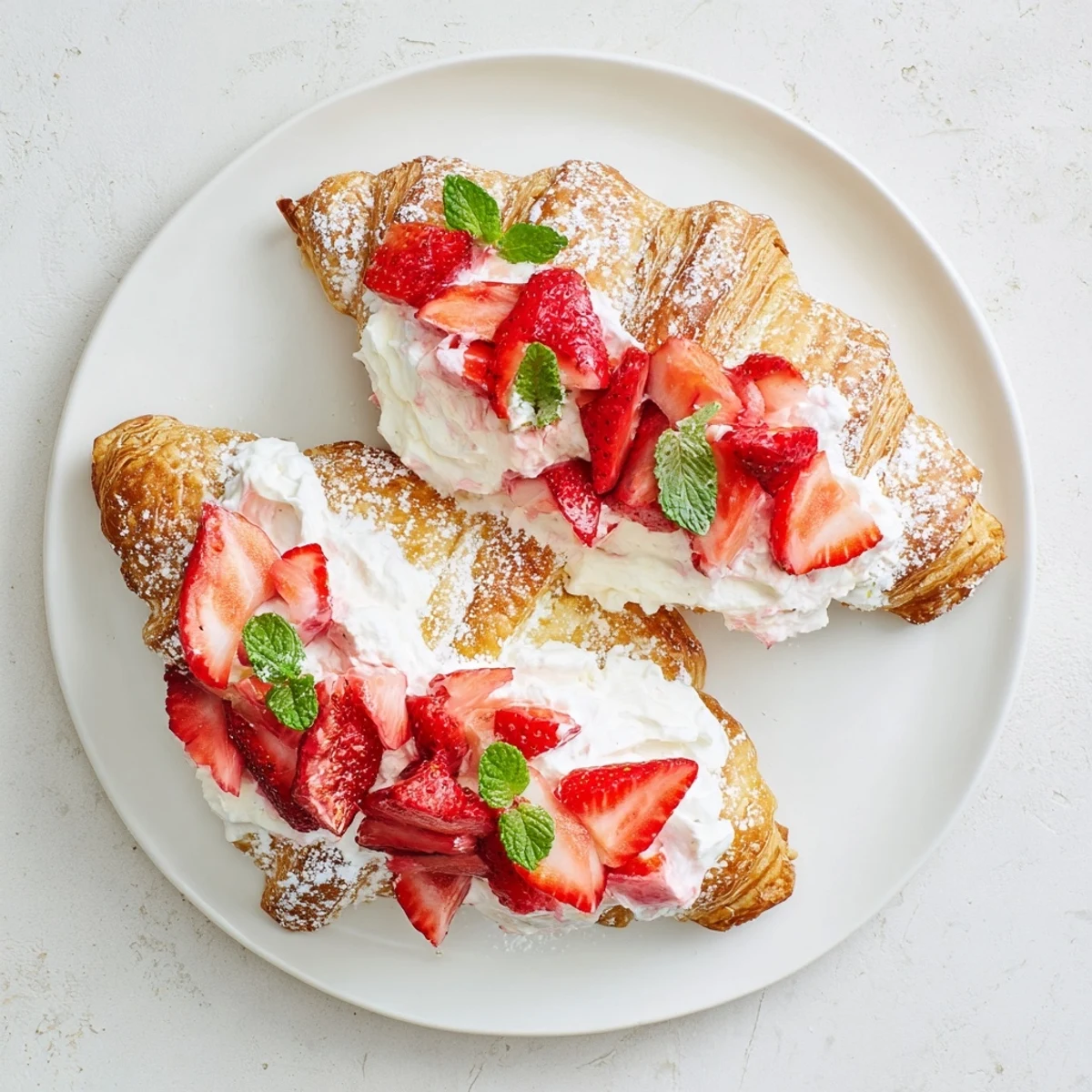 A close-up of Strawberry Cream Croissant dusted with powdered sugar, sliced to show rich cream and juicy strawberries inside.  