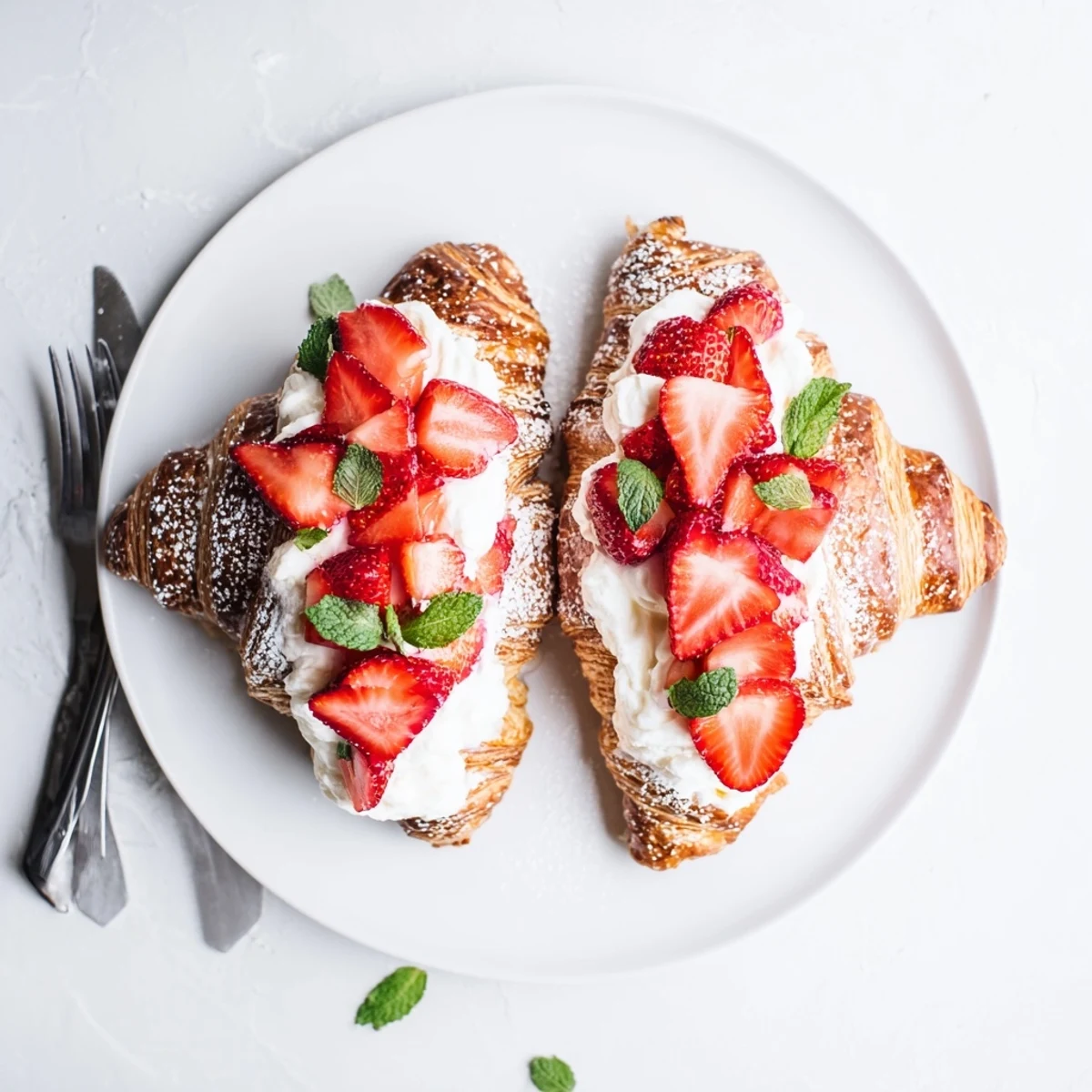Golden Strawberry Cream Croissant served on a white plate with mint garnish, perfect for breakfast or dessert.