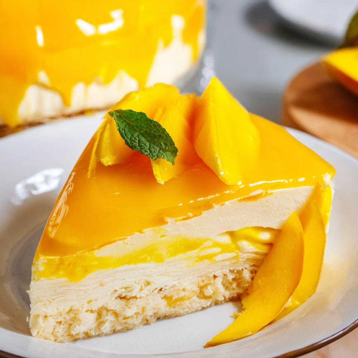 Overhead view of Mango Mousse Cake on a white plate, glossy mango glaze catching light, ready for a refreshing summer dessert serving.