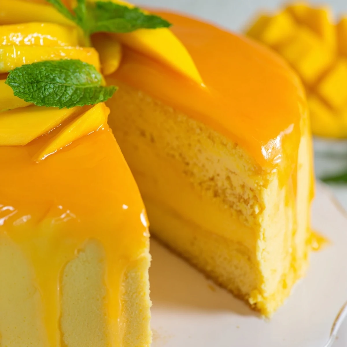 A close-up of chilled Mango Mousse Cake shows creamy mango mousse over a light sponge base with fresh mango slices and mint garnish.