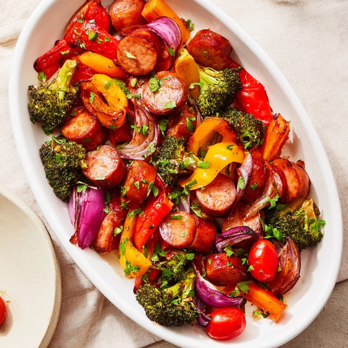 One Pan Honey Garlic Kielbasa & Veggies tossed in a sweet glaze, garnished with fresh parsley and lemon wedges.