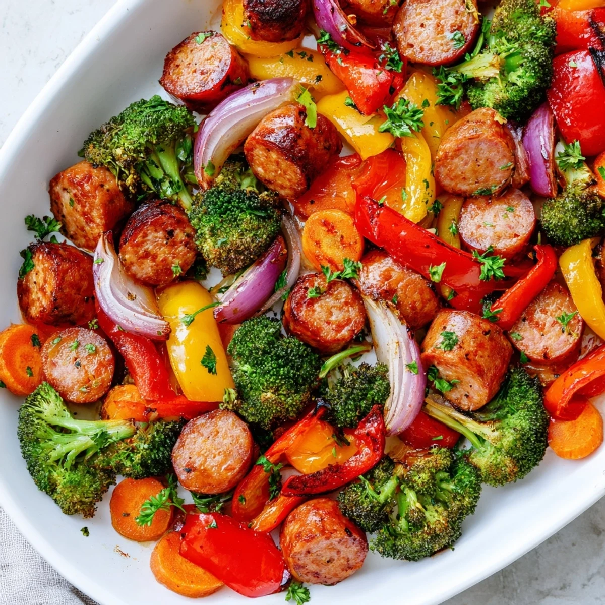 Roasted One Pan Honey Garlic Kielbasa & Veggies with caramelized onions and bright bell peppers on a sheet pan.
