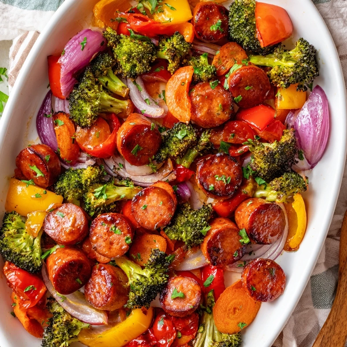 Sizzling One Pan Honey Garlic Kielbasa & Veggies served hot, featuring tender broccoli and juicy cherry tomatoes on a tray.