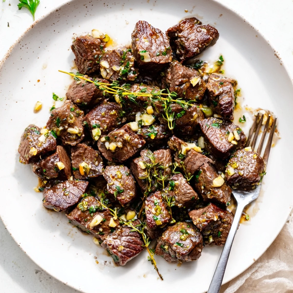 Golden Garlic Butter Steak Bites sizzling in a skillet, served with fresh parsley and mashed potatoes.