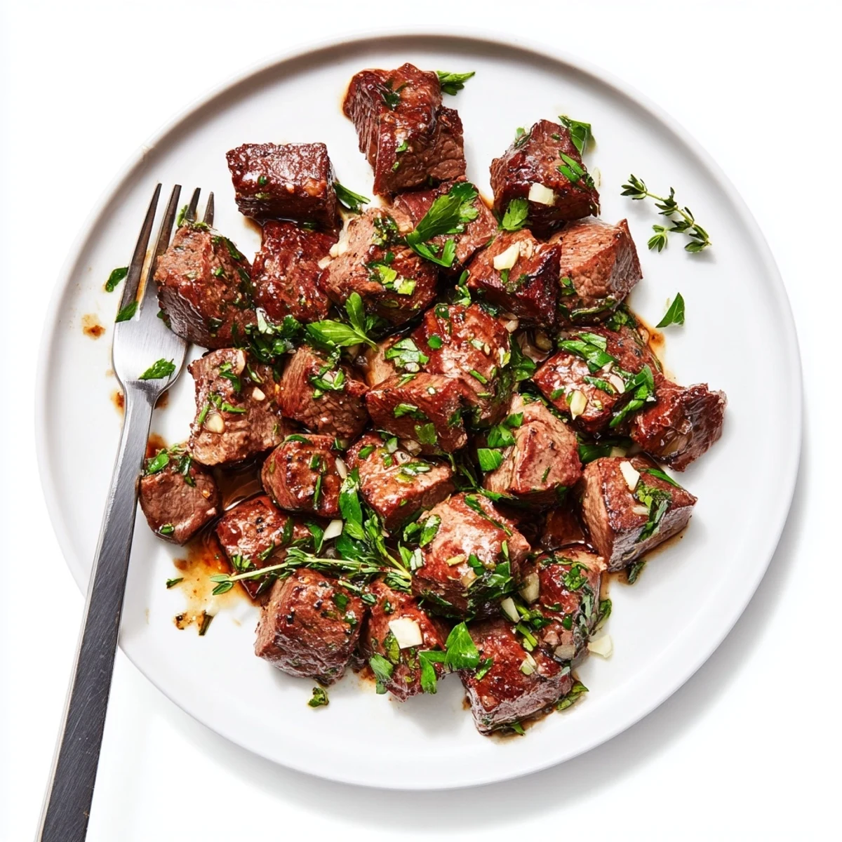 Close-up of Garlic Butter Steak Bites with herbs, perfect for a quick weeknight American dinner.