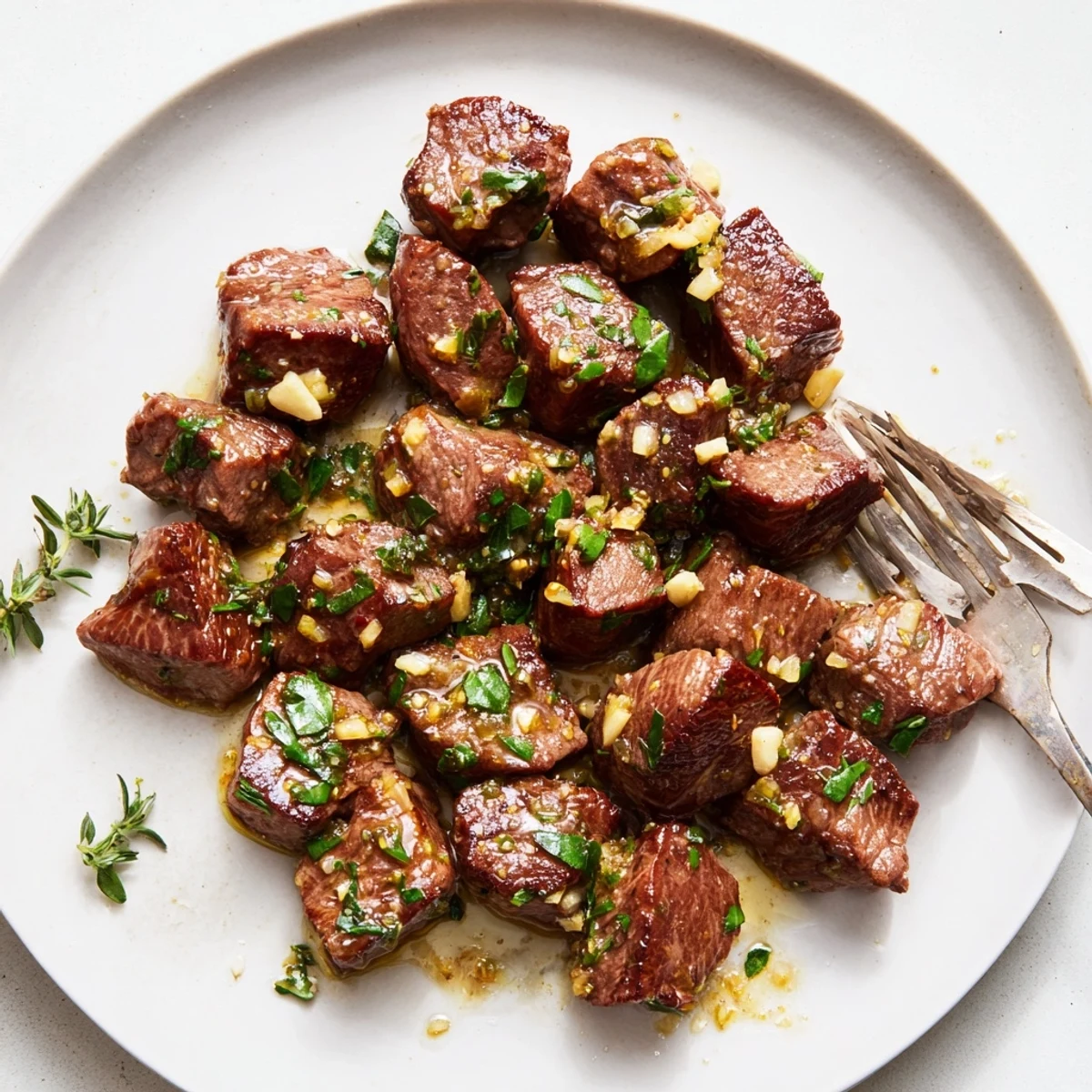 Juicy Garlic Butter Steak Bites plated with crusty bread, showcasing a rich, garlicky butter sauce.