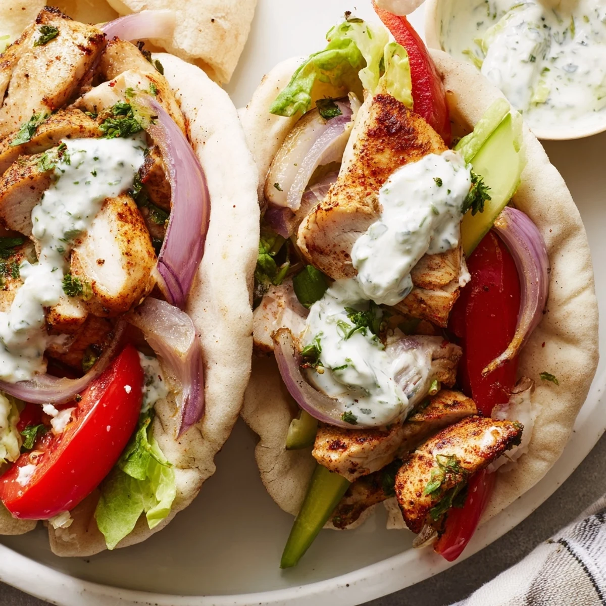 Golden roasted chicken and charred bell peppers fill warm pitas, drizzled with creamy herby ranch for a vibrant Sheet Pan Chicken Pitas with Herby Ranch.