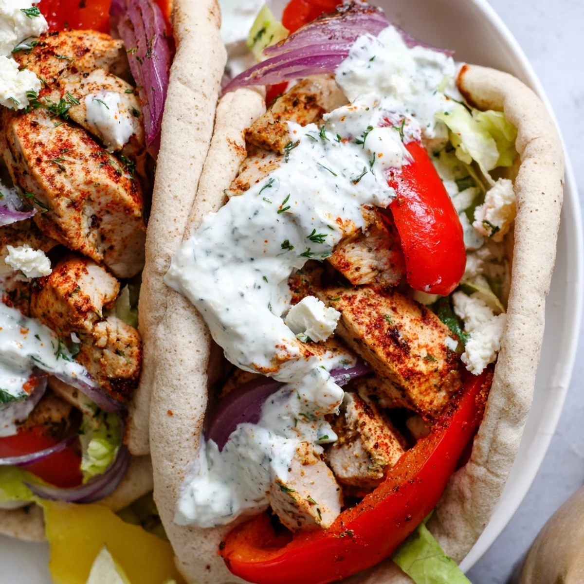 Steam rises from the sheet pan as juicy chicken thighs and colorful vegetables nestle into pitas topped with crumbled feta and fresh herbs.