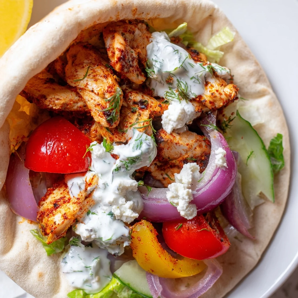 Family-friendly Sheet Pan Chicken Pitas with Herby Ranch feature tender roasted chicken, bright vegetables, and a cool, tangy ranch sauce ready for serving.