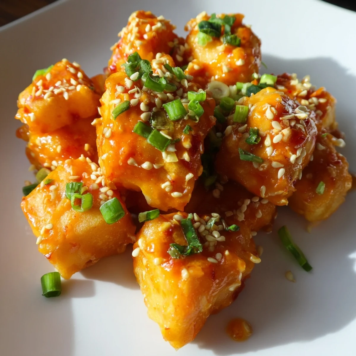 Delicious Bang Bang Salmon Bites served in lettuce wraps with a drizzle of zesty sauce.  