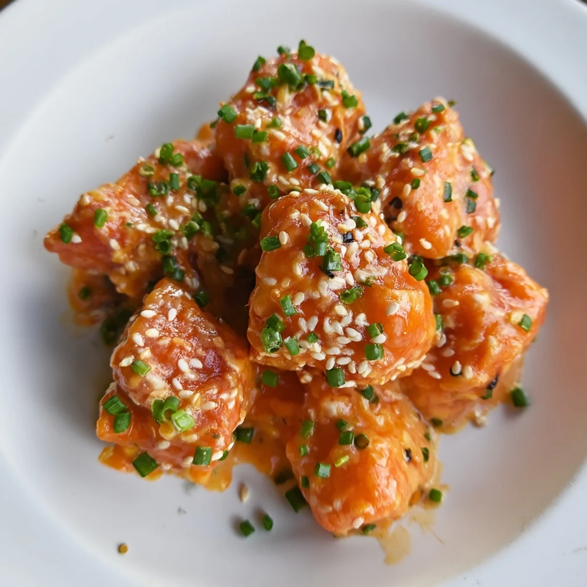 Golden crispy Bang Bang Salmon Bites drizzled with creamy, spicy sauce and garnished with fresh chives.  
