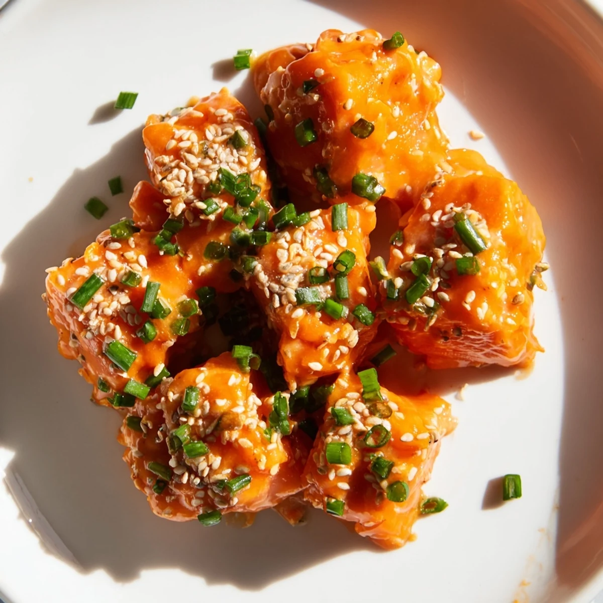 Homemade Bang Bang Salmon Bites arranged on a white plate with sesame seeds and green onions.