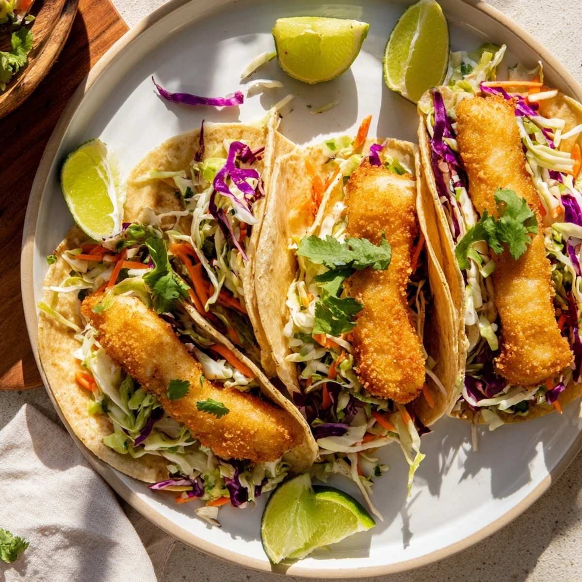Close-up of golden-brown Crispy Fish Tacos With Cilantro Lime Slaw served with lime wedges on a rustic wooden table.