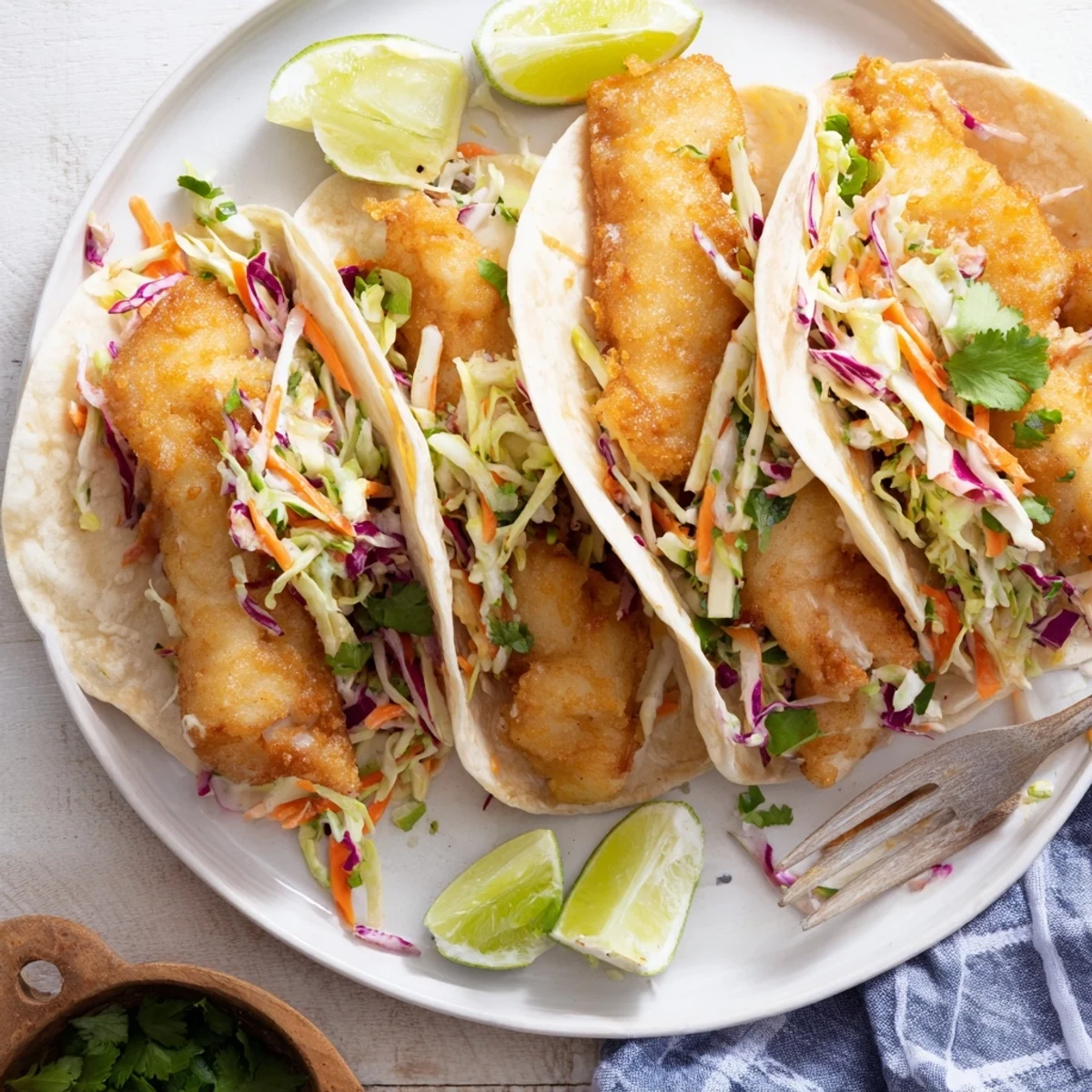 Freshly assembled Crispy Fish Tacos With Cilantro Lime Slaw featuring crunchy cabbage and vibrant herbs, perfect for a Mexican-inspired dinner.