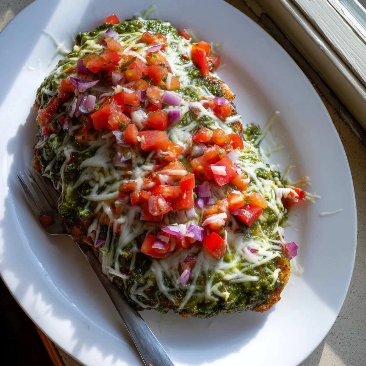 Juicy baked Pesto Bruschetta Chicken breasts topped with melted mozzarella, vibrant tomatoes, and fresh basil.