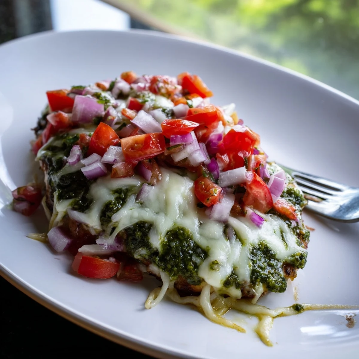 Savory Pesto Bruschetta Chicken baked until bubbly, garnished with herbs and paired with a simple salad.