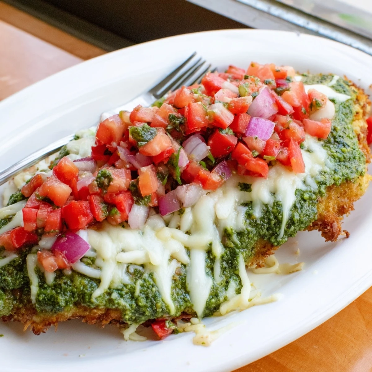 Tender golden Pesto Bruschetta Chicken served warm with a colorful tomato bruschetta topping and melty cheese.