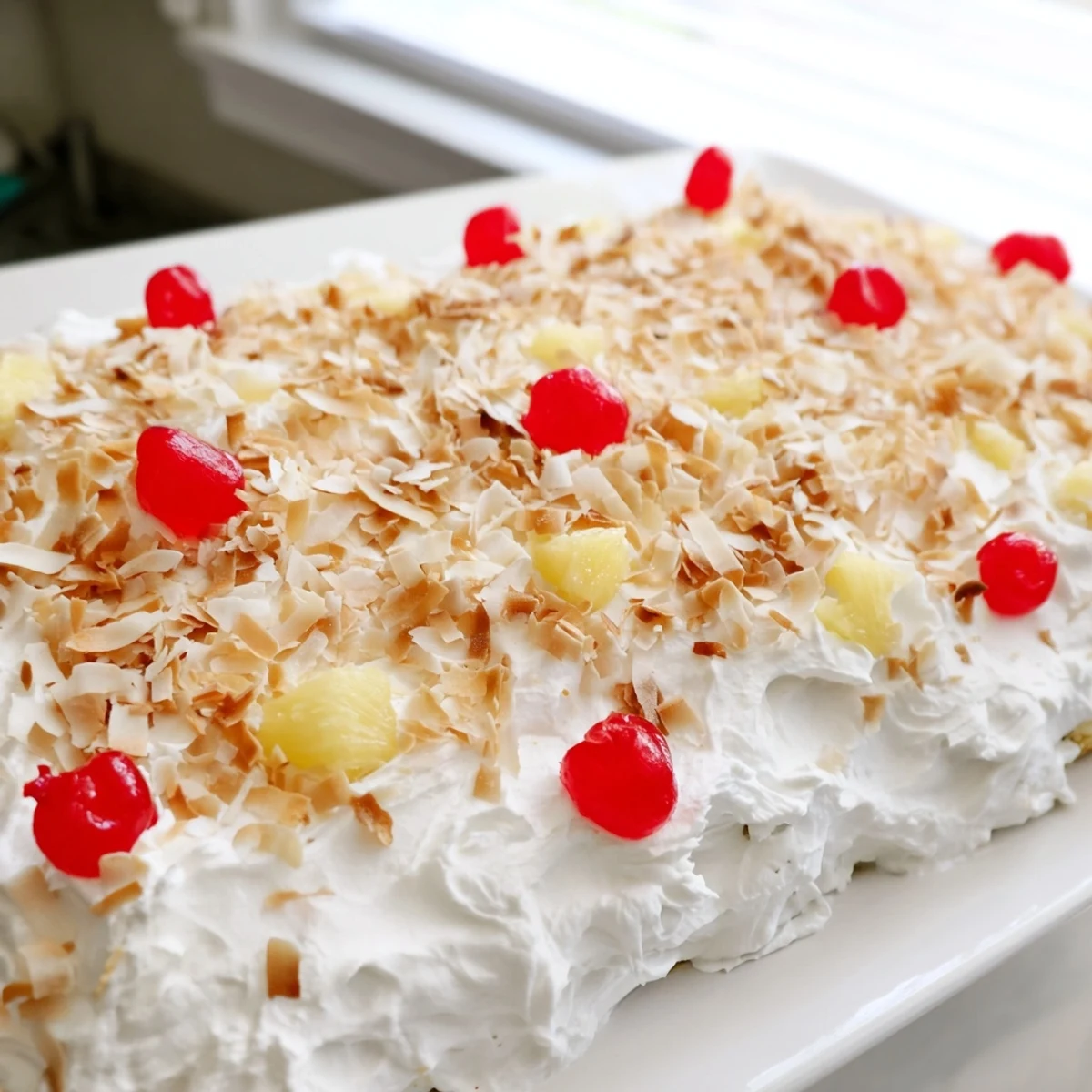 A slice of Hawaiian Poke Cake topped with toasted coconut and pineapple garnish on a serving plate.