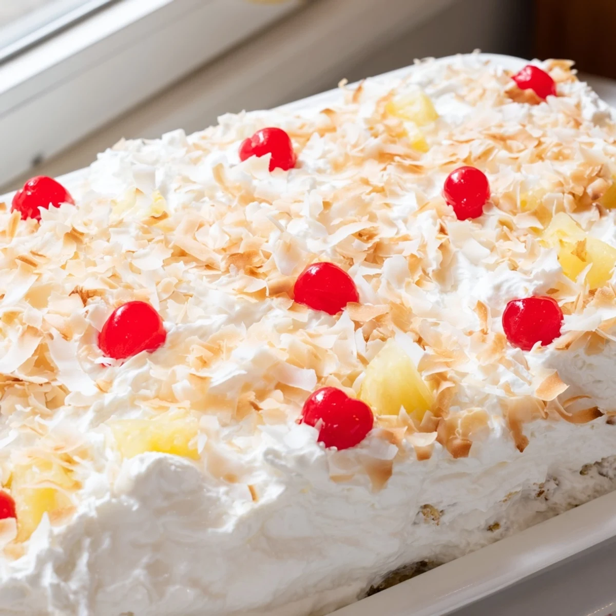 A chilled Hawaiian Poke Cake with creamy layers and toasted coconut flakes on a white dessert platter.