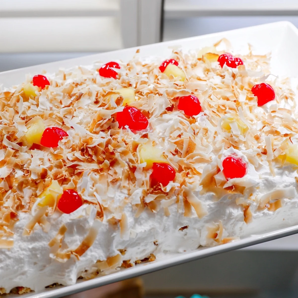 Bright Hawaiian Poke Cake with pineapple chunks and coconut topping, served chilled on a baking pan.