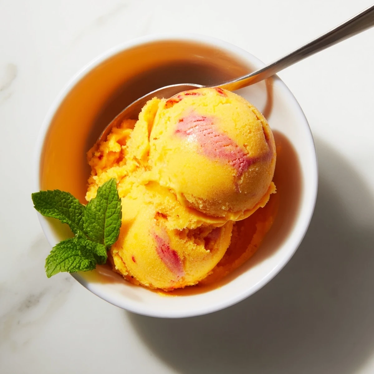 Vibrant Mango Strawberry Sorbet in a chilled dessert bowl with bright strawberries and lime zest.